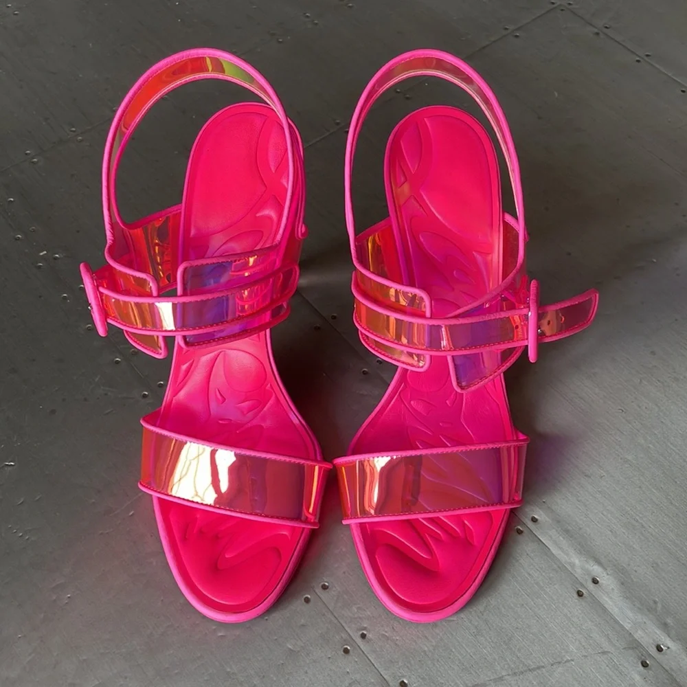 Christian Louboutin loubi duniss 100mm pink neon pvc pump peep toe sandal sz 40 - Picture 4 of 12